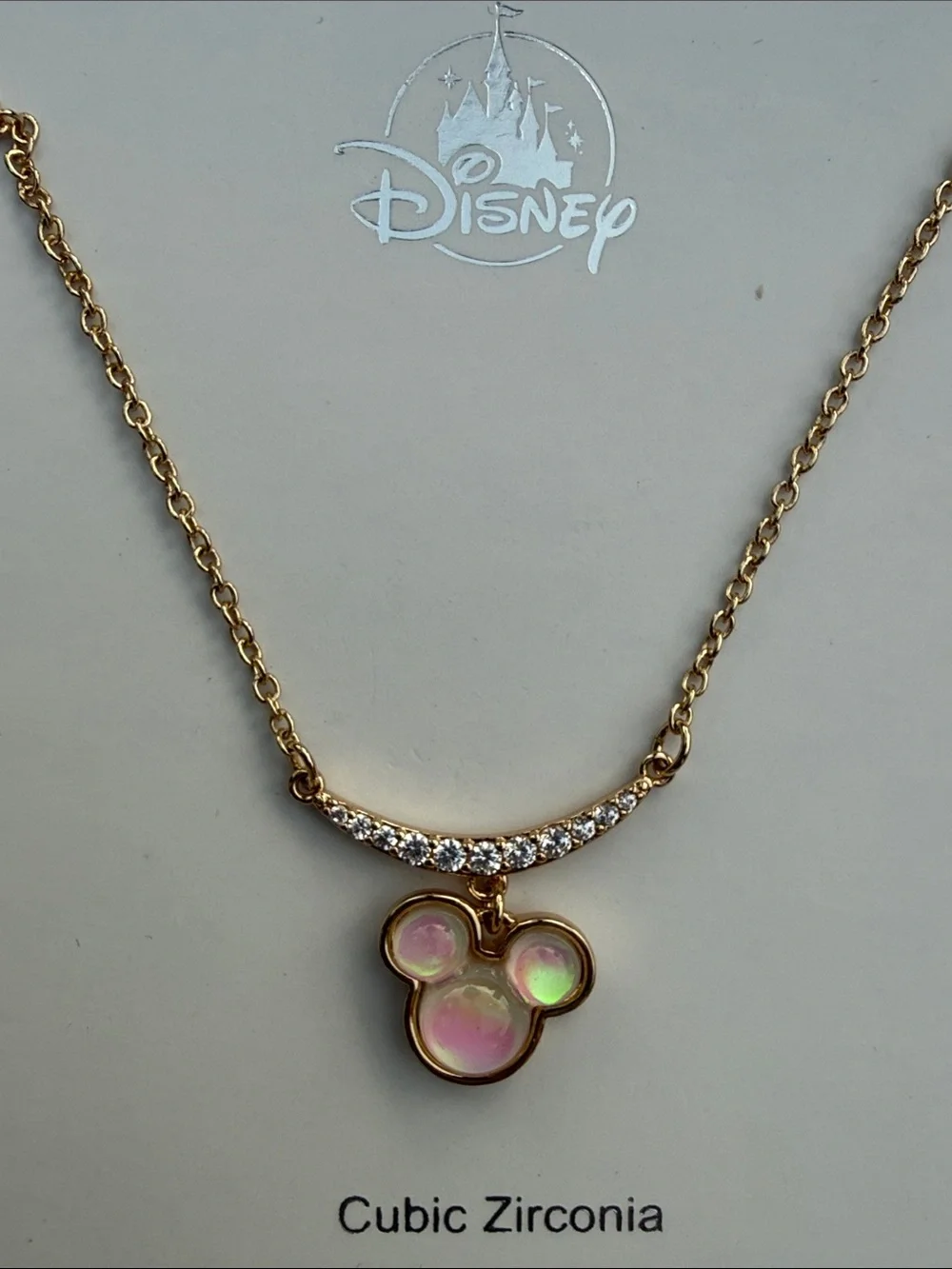 Disney Gold-Tone Iridescent Pink Mickey Mouse Cubic Zirconia Pendant Necklace